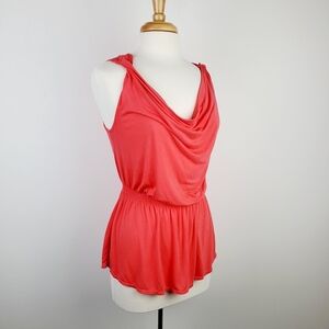 Womens Sleeveless Draped Neck Blouse Size L Coral Orange Scoop Neck Flowy